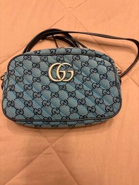 Gucci Turquoise Blue GG Canvas Crossbody Bag with Black Strap